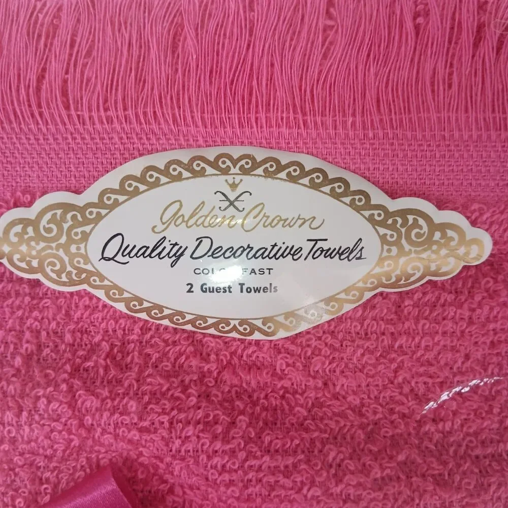 Vintage Box of Two Golden Crown Decorative Guest Towels Pinks White Green NIB